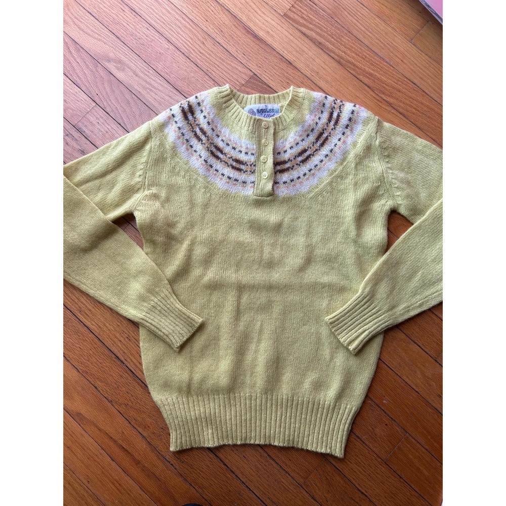 Vintage 60s Yellow Shetland Pure wool Yellow Ski‎ Sweater Size XS- Small